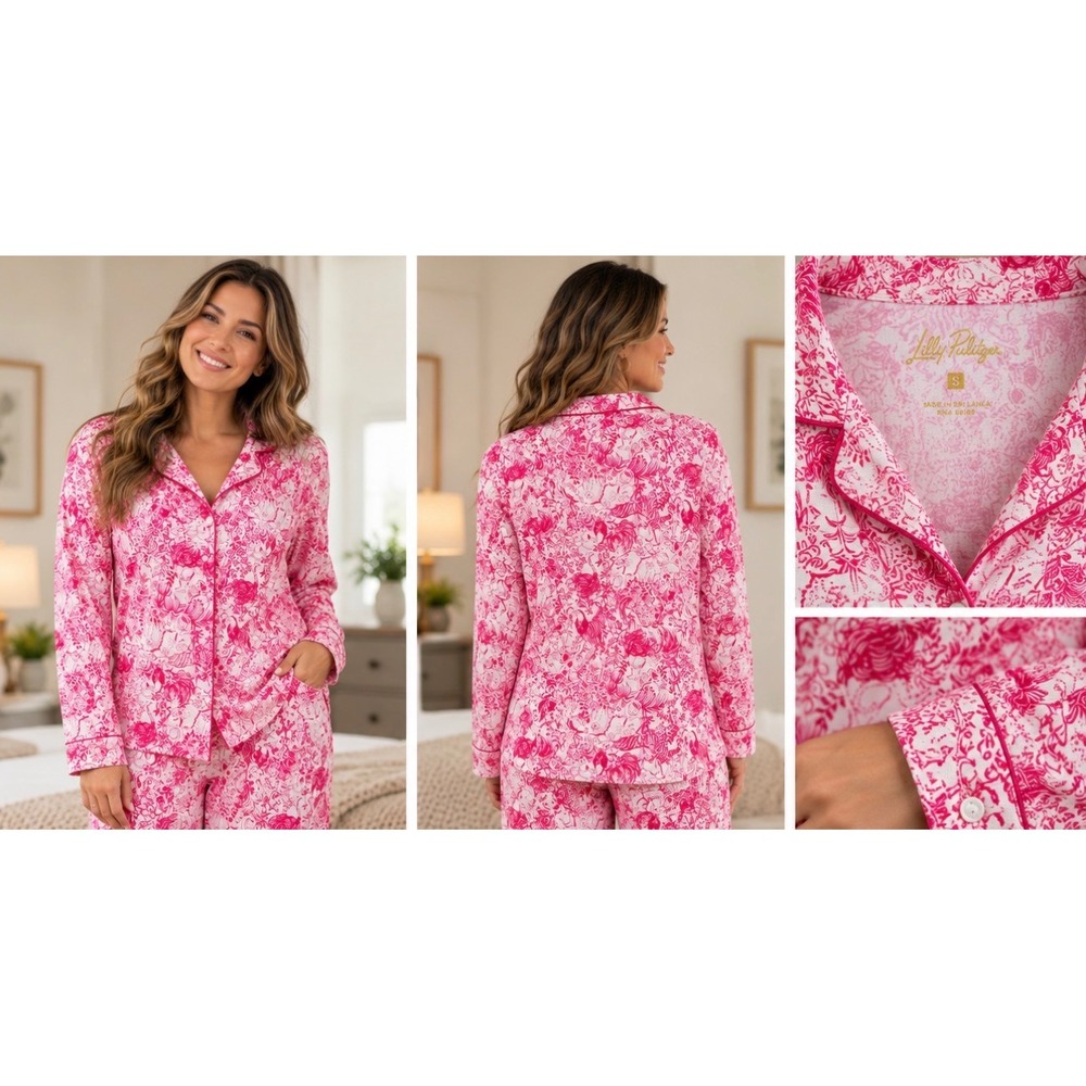 Lilly Pulitzer Zebra My Way Pajama Top Pink White Button Down Long Sleeve Small